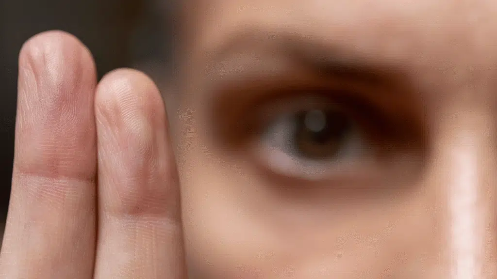 Close-up of two fingers guiding a person’s gaze during bilateral stimulation, the eye movement technique central to EMDR therapy.